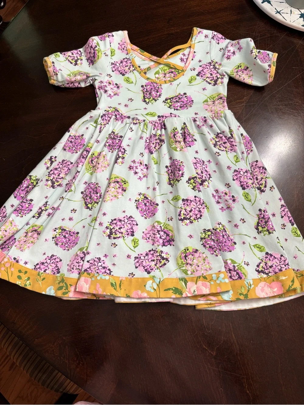 SweetHoney White Dress with Pink & Green Floral Print and Gold Trim